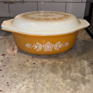 Pyrex Yellow Floral Covered Casserole with White Lid